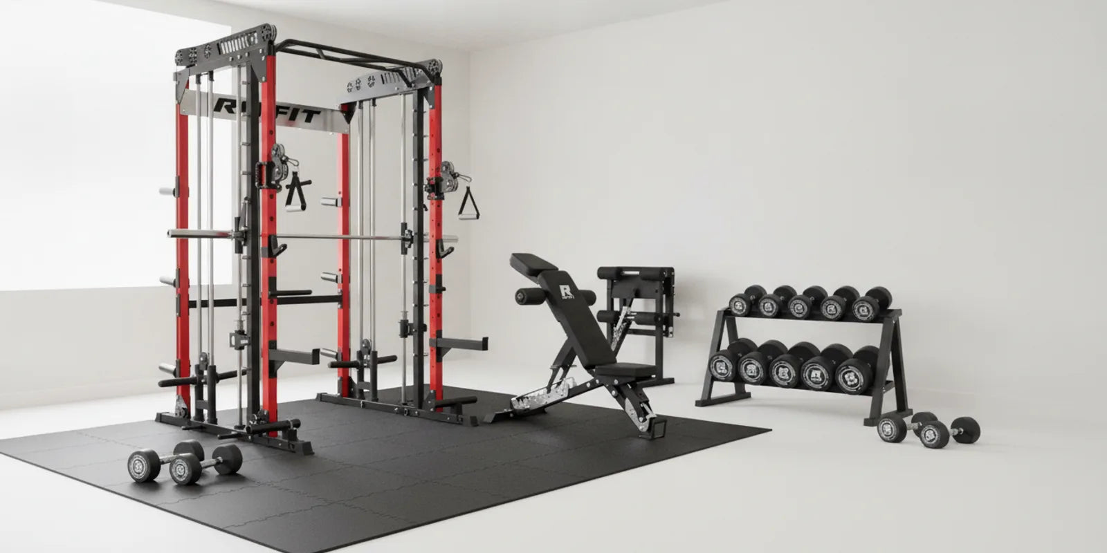 RitFit house gym setup with M1 smith machine, adjustable weight bench, and dumbbell set with rack