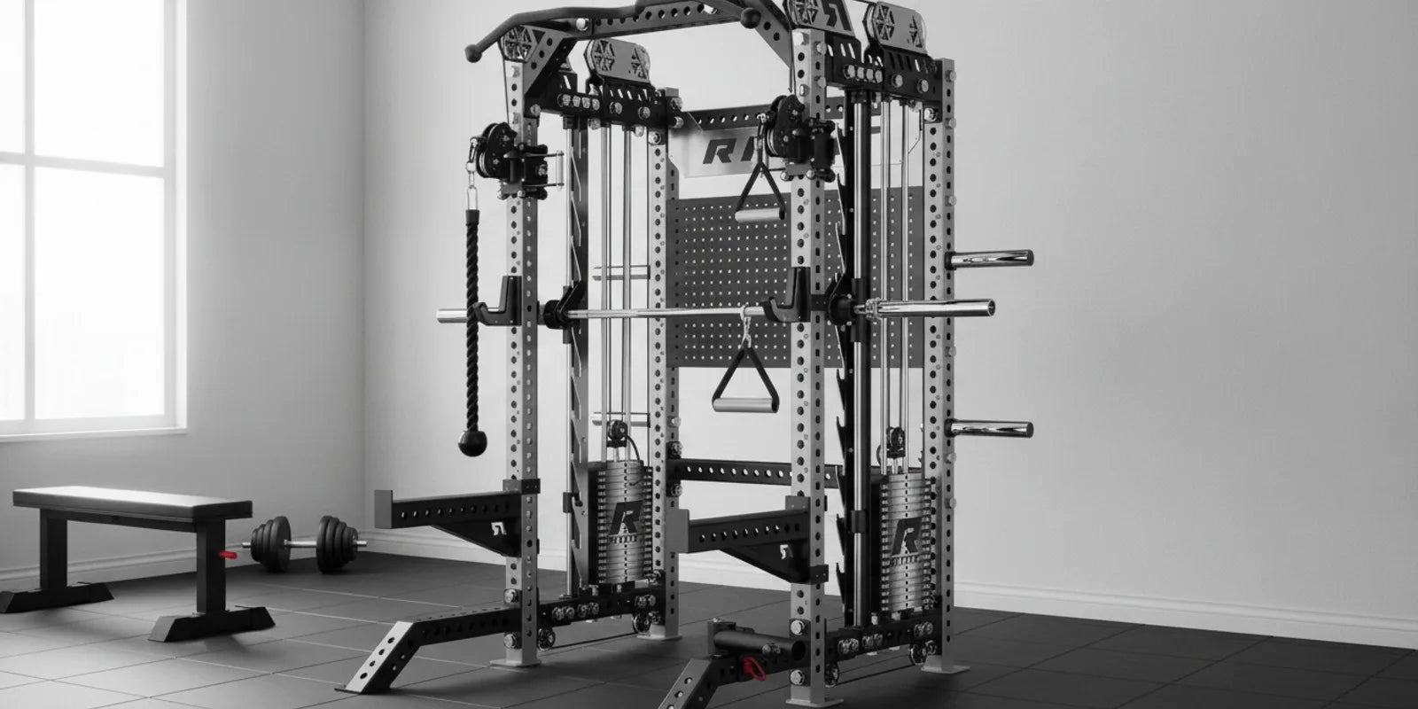 RitFit cable crossover machine with tricep rope and cable attachment set in a home gym