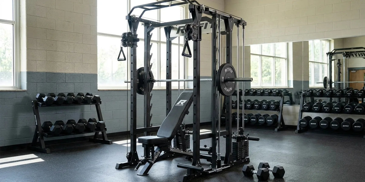 High school weight room with power cage, adjustable bench and dumbbells