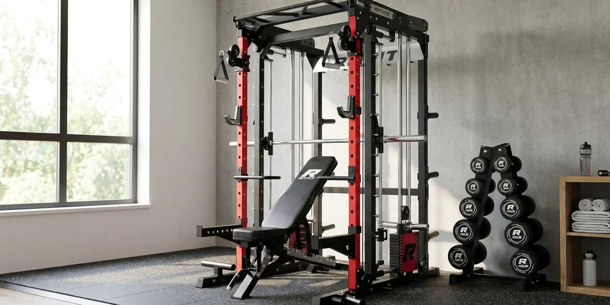 RitFit M2 3D Smith Machine for couples home gym training with adjustable weight bench and dumbbells