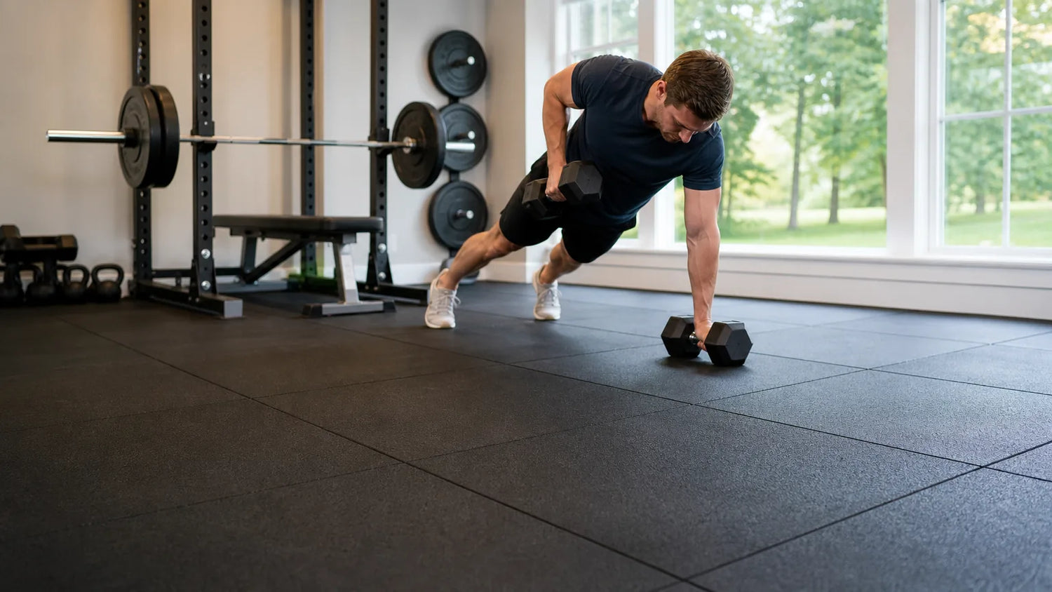 Thick black rubber mats covering a home gym floor with barbells and dumbbells in the background