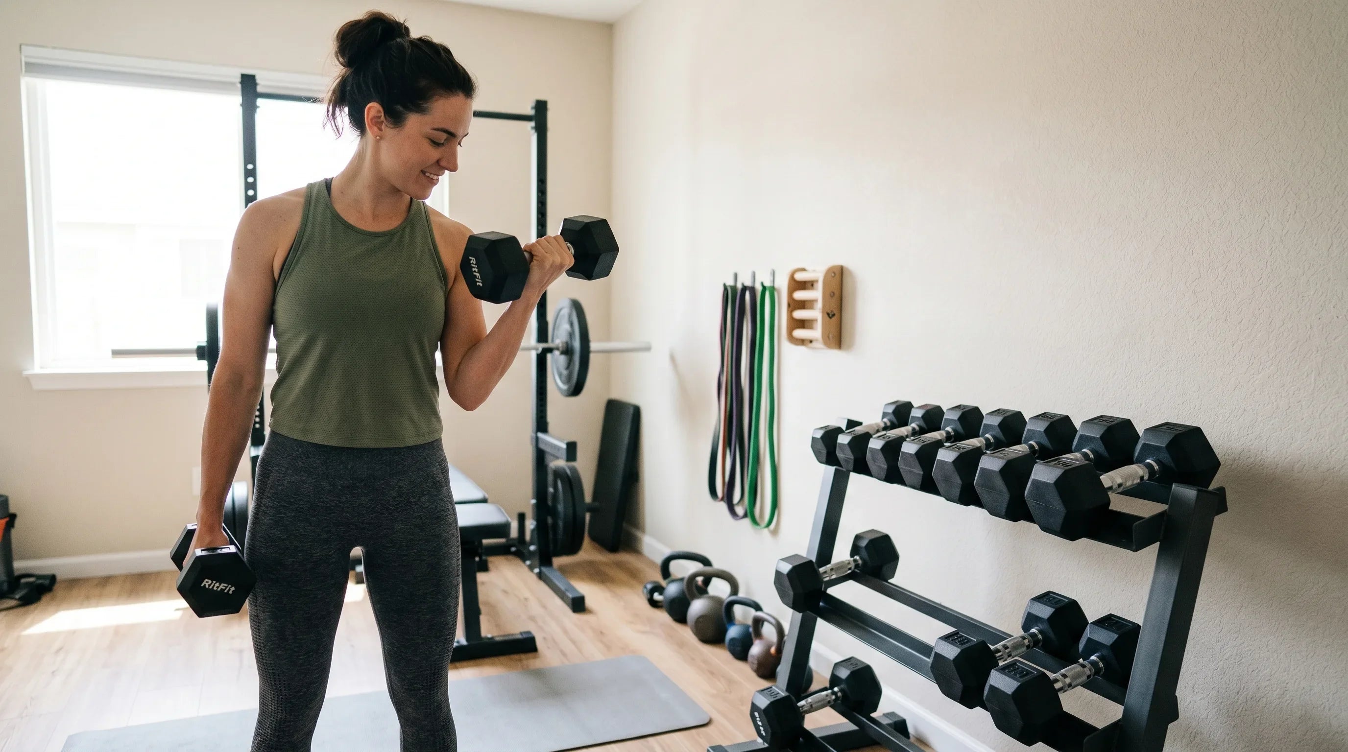 Person training at home with RitFit hex rubber entry level dumbbells