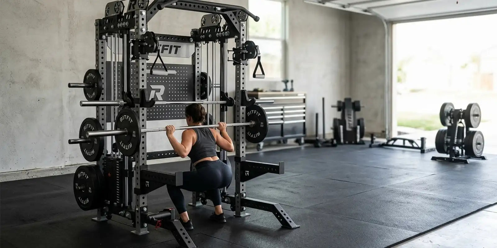 Home garage gym floor covered with black rubber stall mats under a power rack