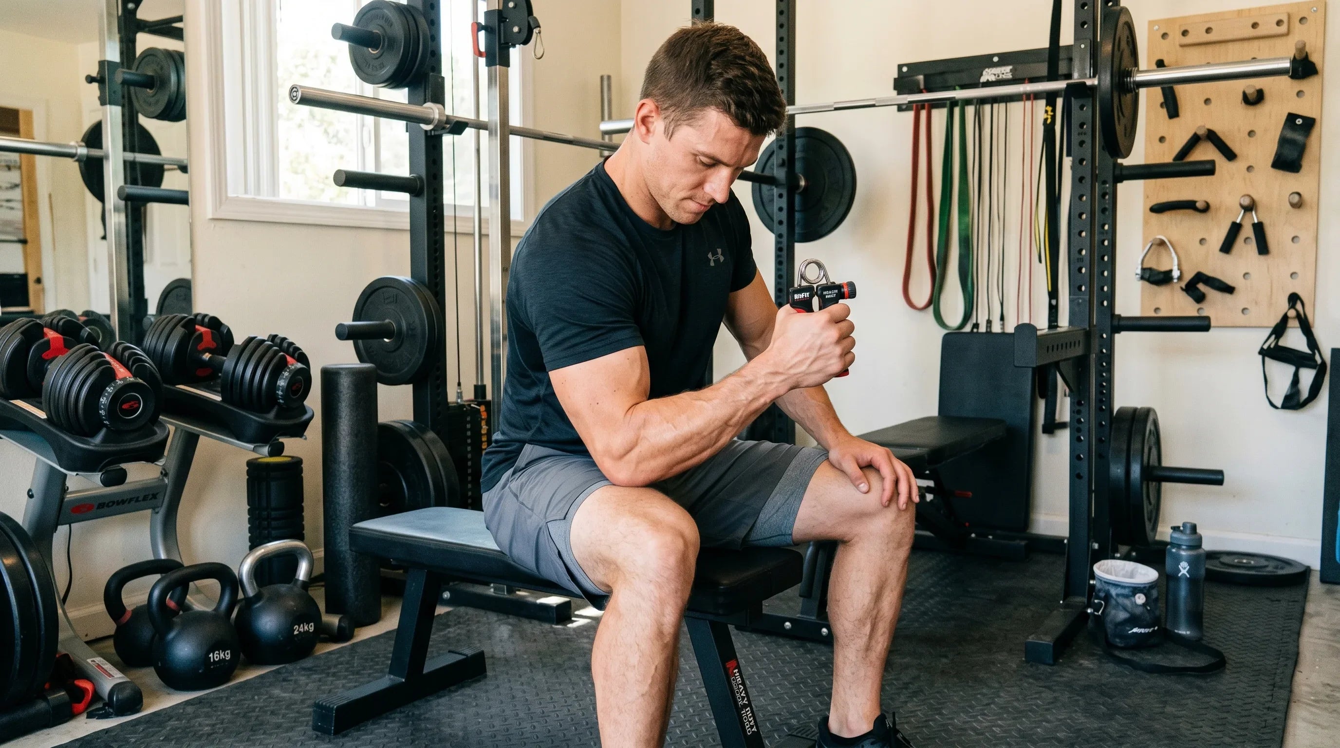 Athlete training forearms with a RitFit hand gripper in a gym