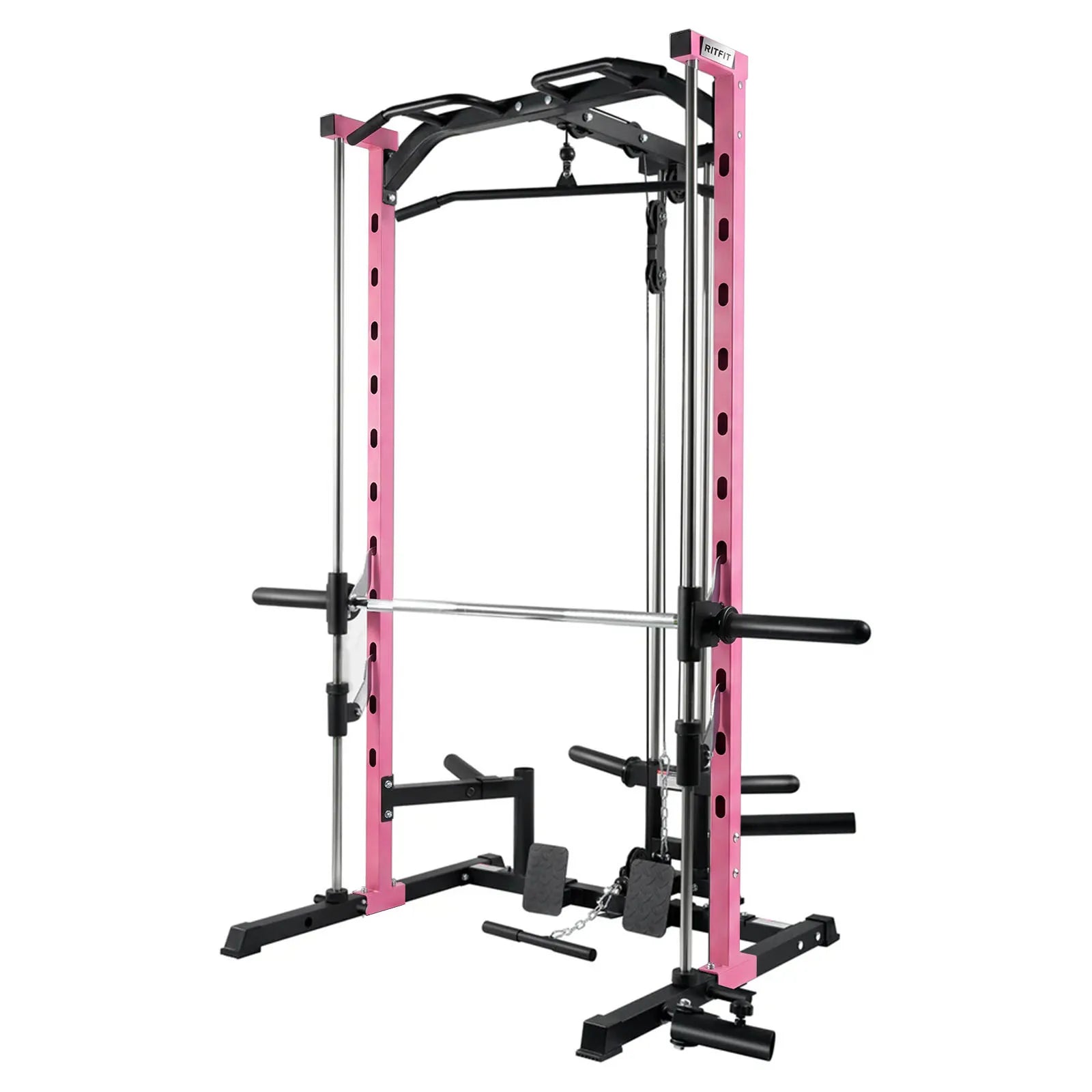 RitFit PSR052.0 pink Smith machine rack with lat-pull down and barbell