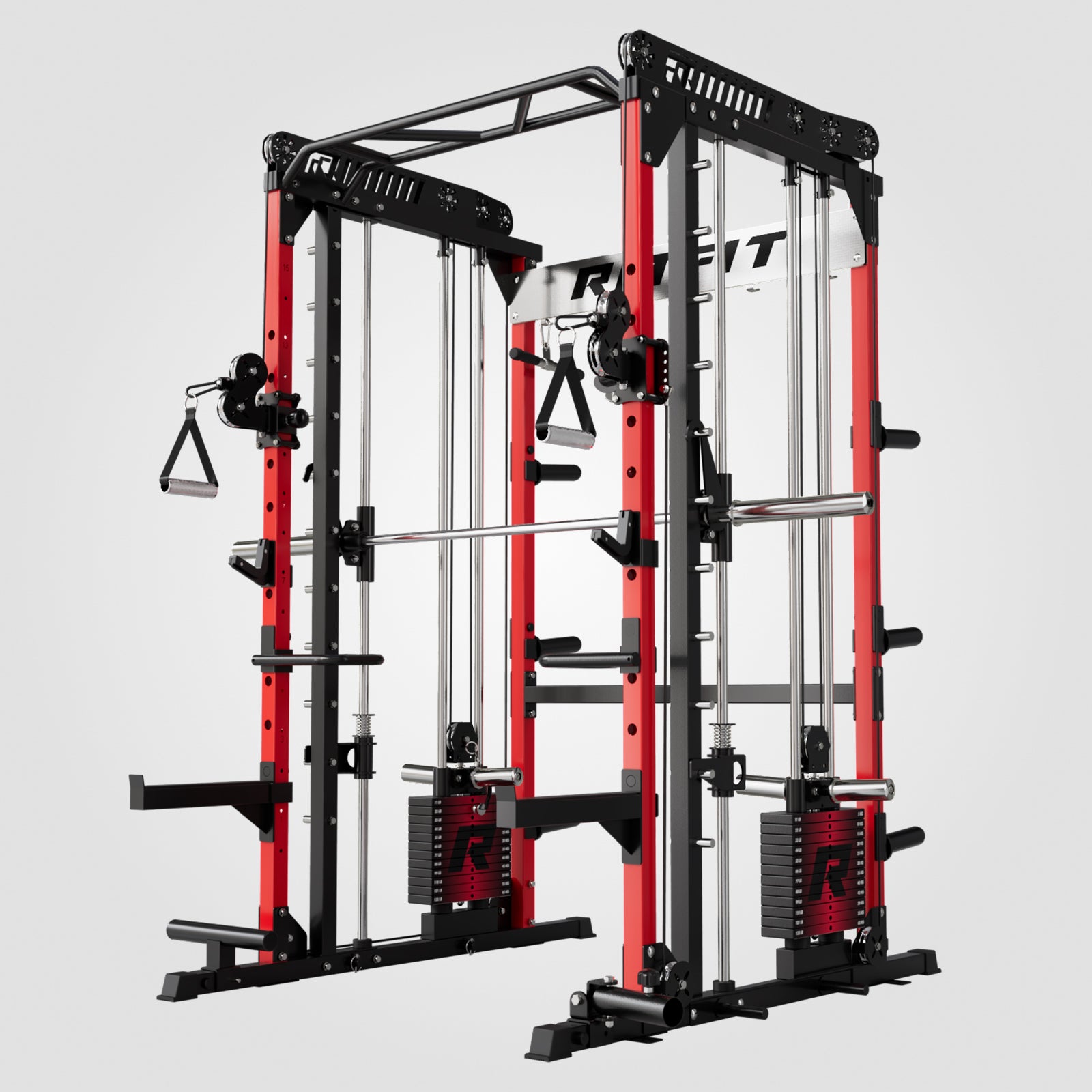 Red and black RitFit M1 PRO Smith Machine with cable crossover system and squat rack for home gym