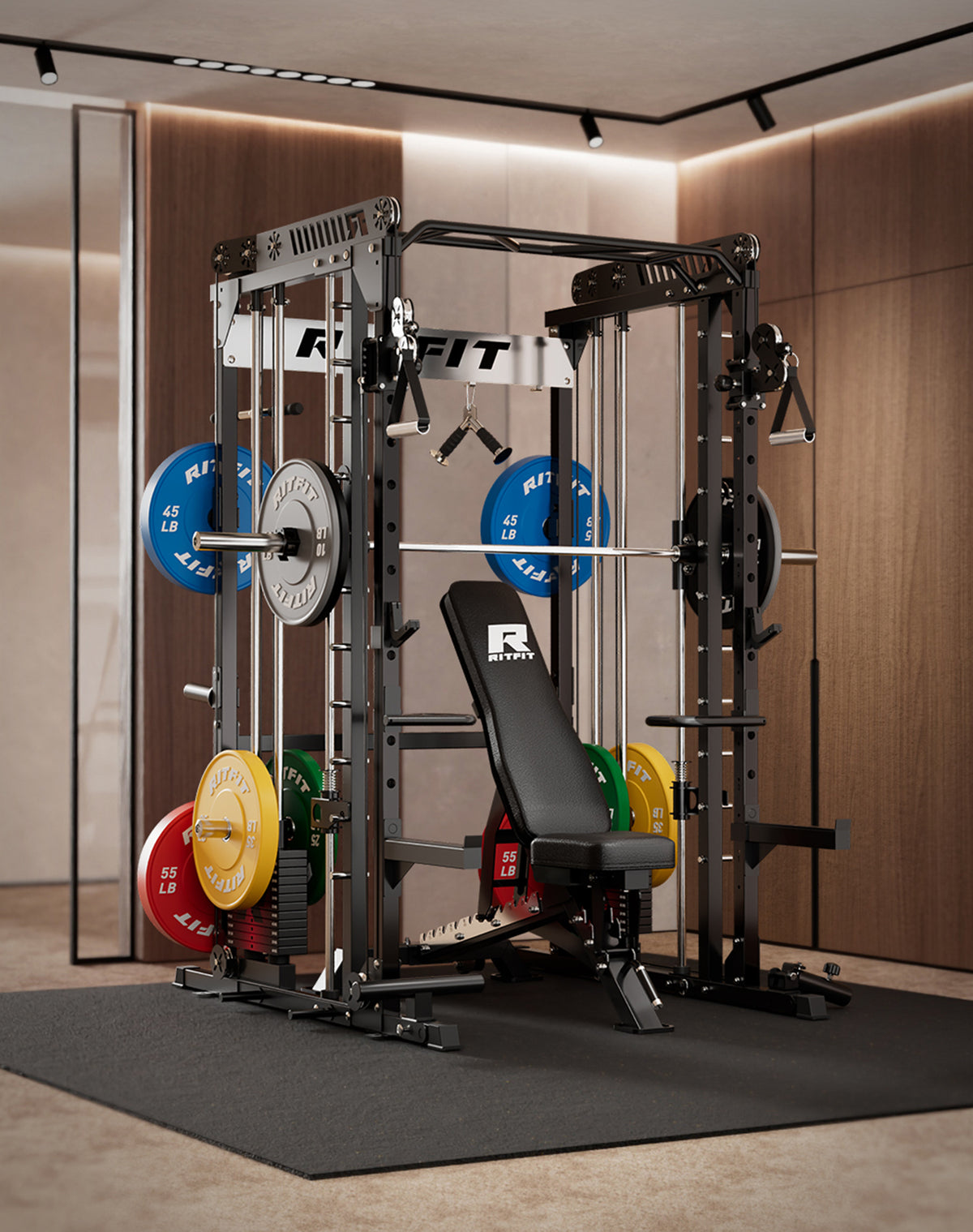 Black RITFIT Smith machine with adjustable bench and colorful weight plates on a mat