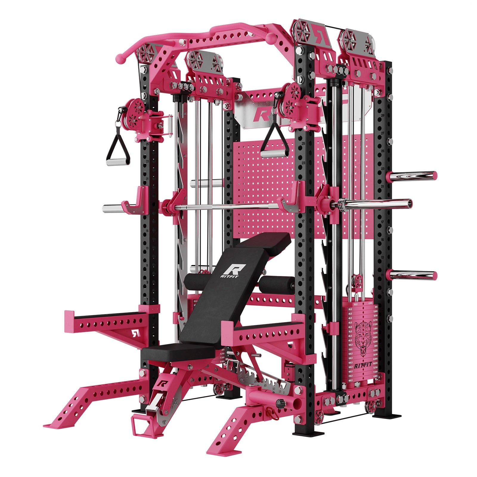 Pink RitFit M3 Pro Home Gym Smith Machine Package with Cable Crossover and adjustable bench