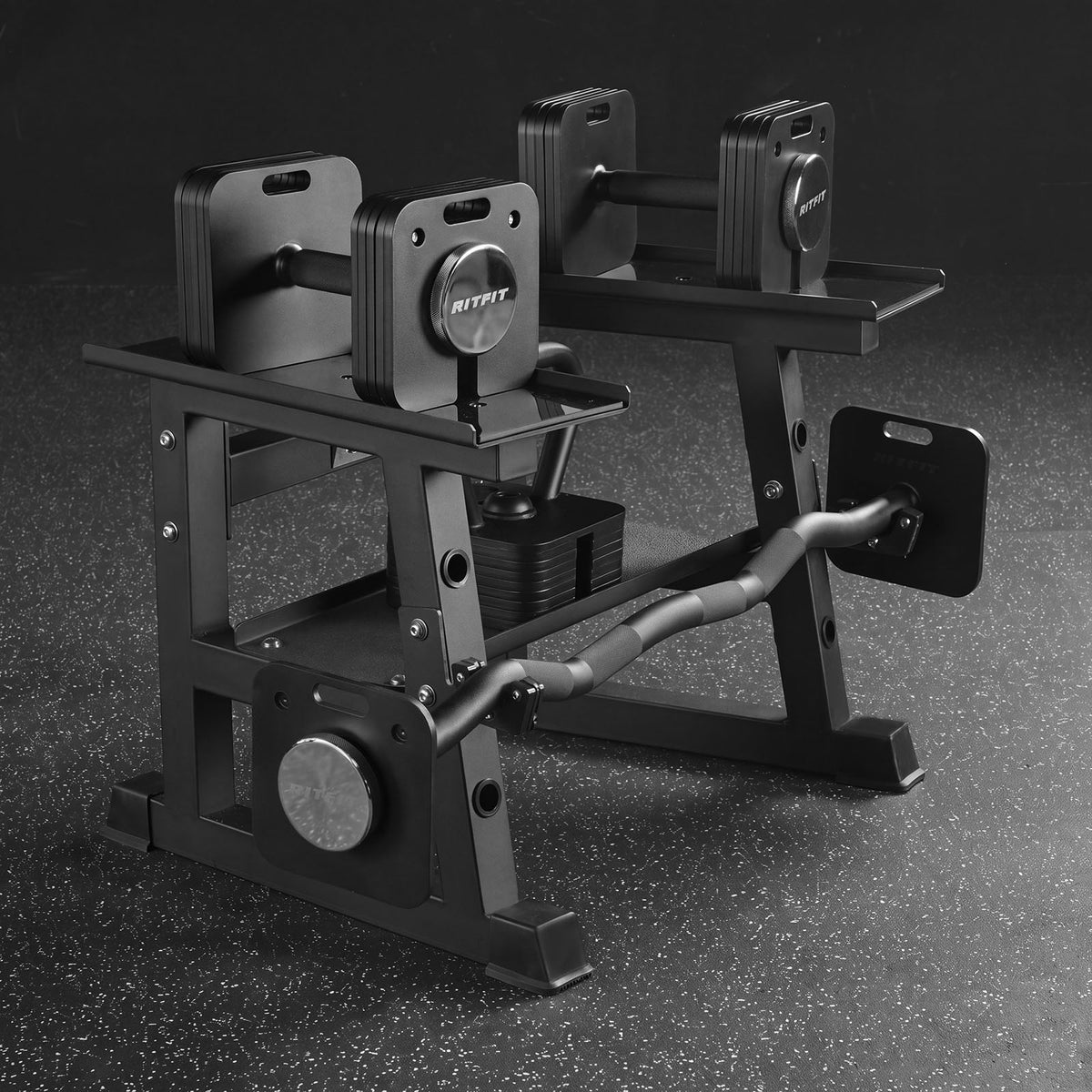 RitFit adjustable dumbbell set with rack and attachments for home gym workouts