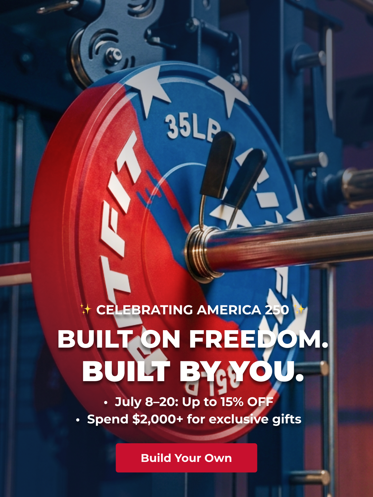 Red and blue 35lb weight plate on a barbell rack