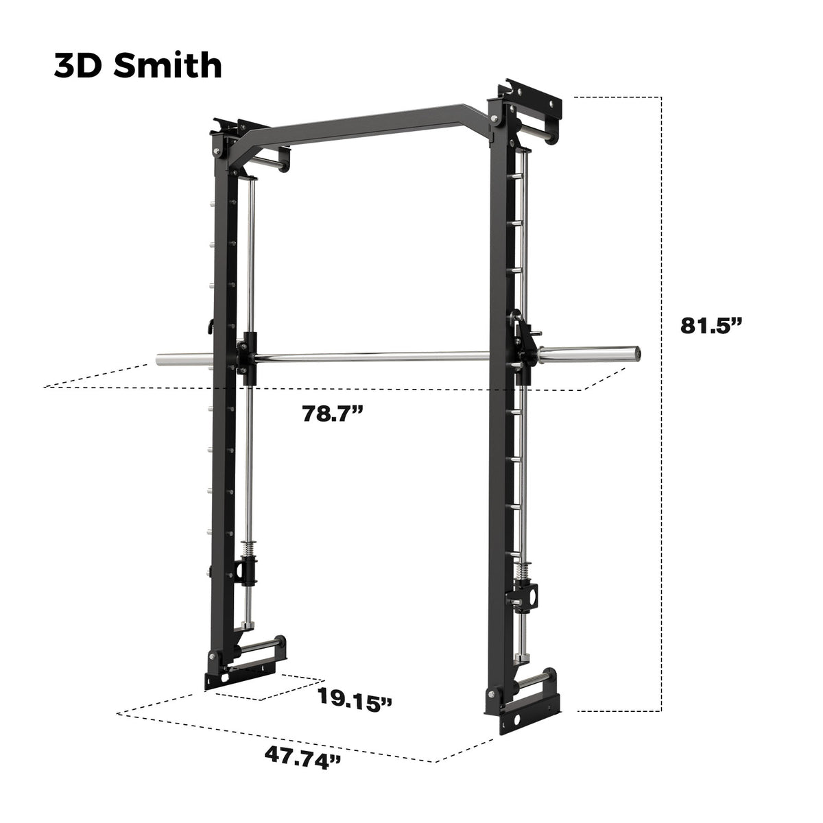 Black RitFit M2 Multi-Functional Modular Home Gym Smith Machine with dimensional measurements on white background