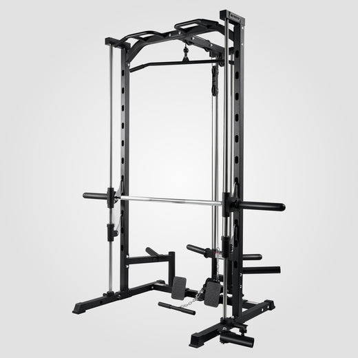 RitFit PSR05 2.0 multifunctional smith machine power rack with lat-pull down system, sturdy steel construction, and adjustable workout stations.