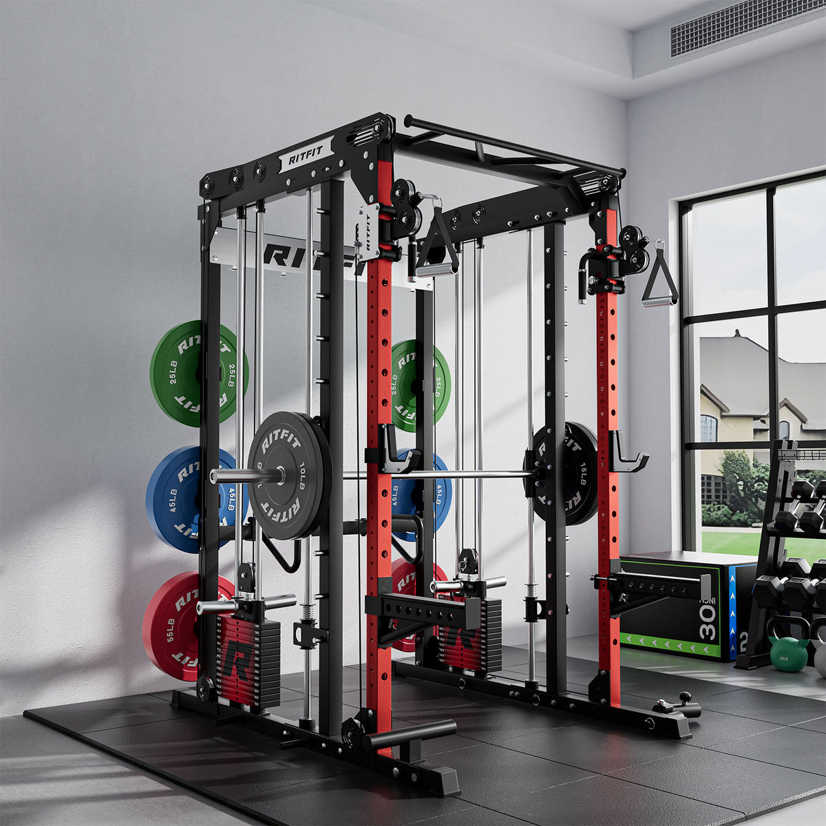 Black and red RitFit M2 Smith machine with weight plates in home gym