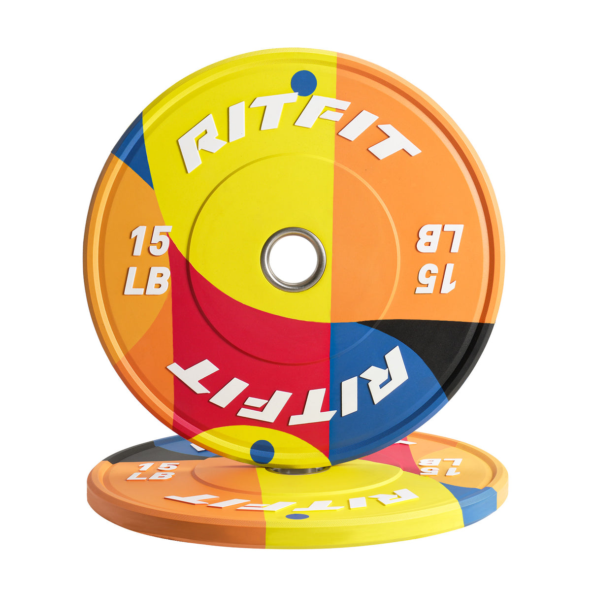 RitFit Memphis 15lb bumper weight plates for home gym, durable rubber-coated plates for strength training and weightlifting.