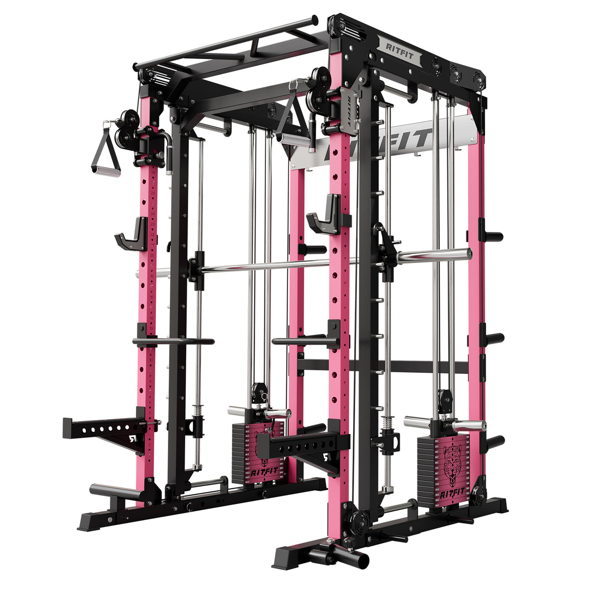 Pink and black RitFit M2 multi-functional modular home gym Smith machine with cable pulleys and weight stacks