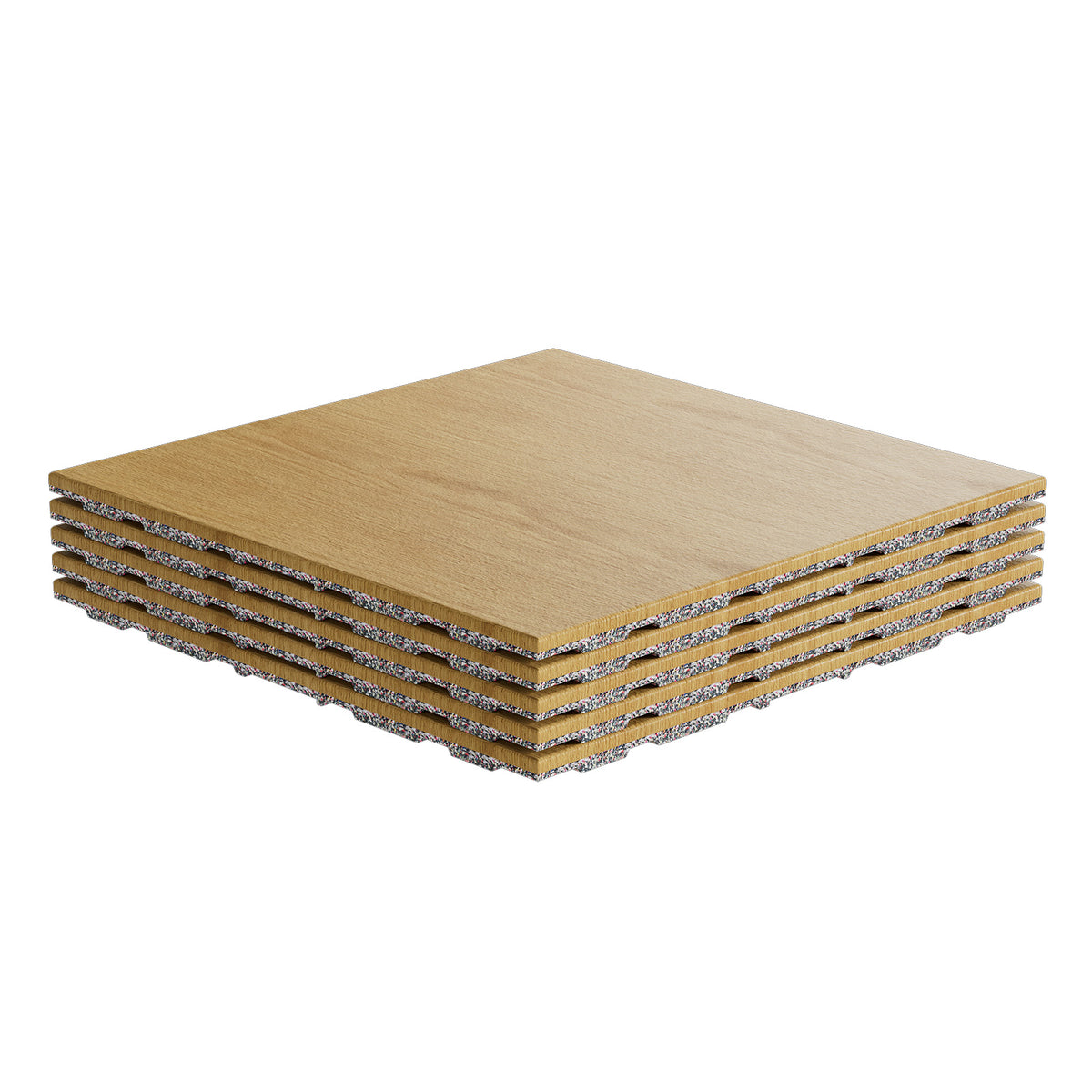 Stack of light wood grain RitFit Premium 0.8 inch interlocking rubber gym floor tiles with speckled edges