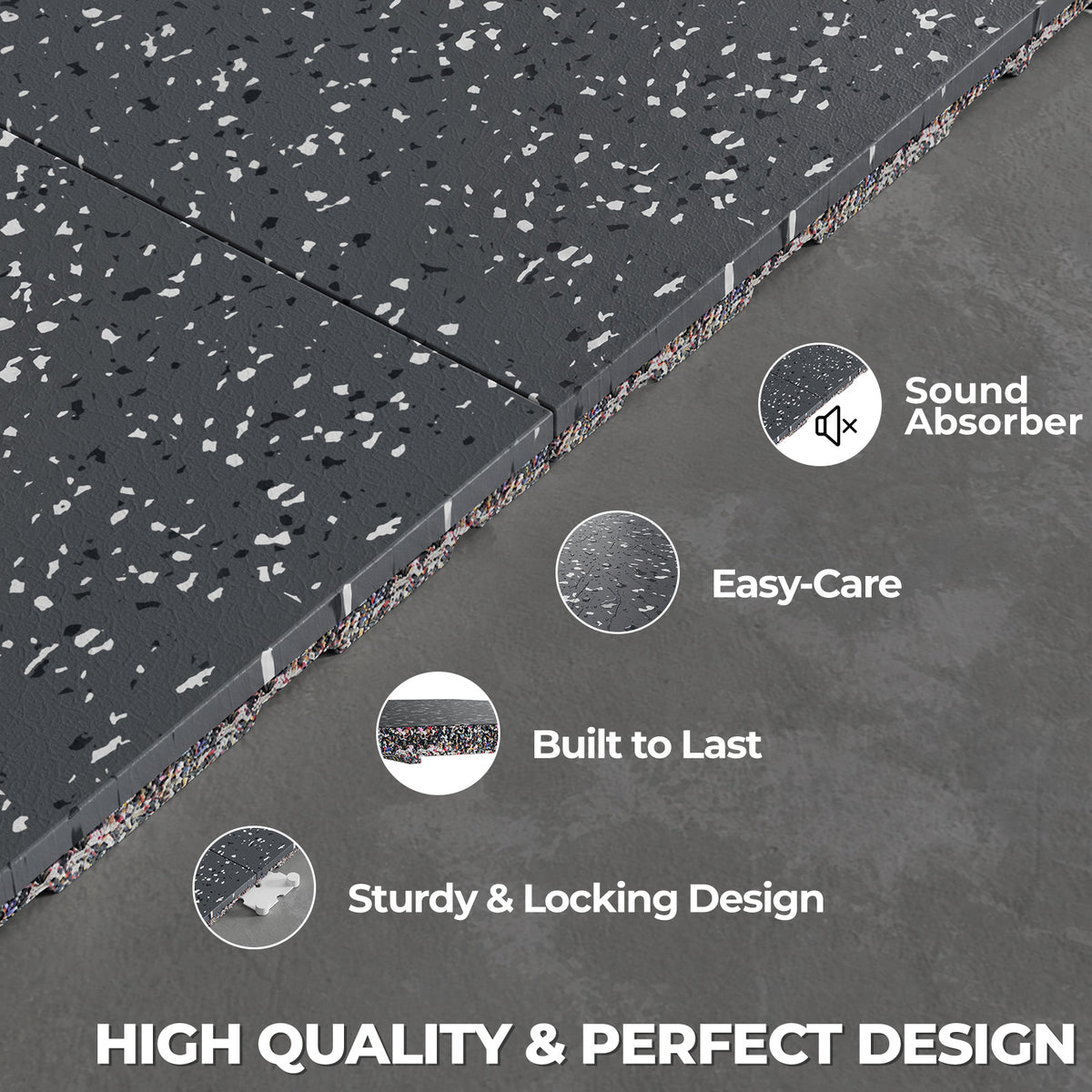 Black speckled RitFit Premium 0.8 inch interlocking rubber gym floor tiles showing sturdy locking design edge