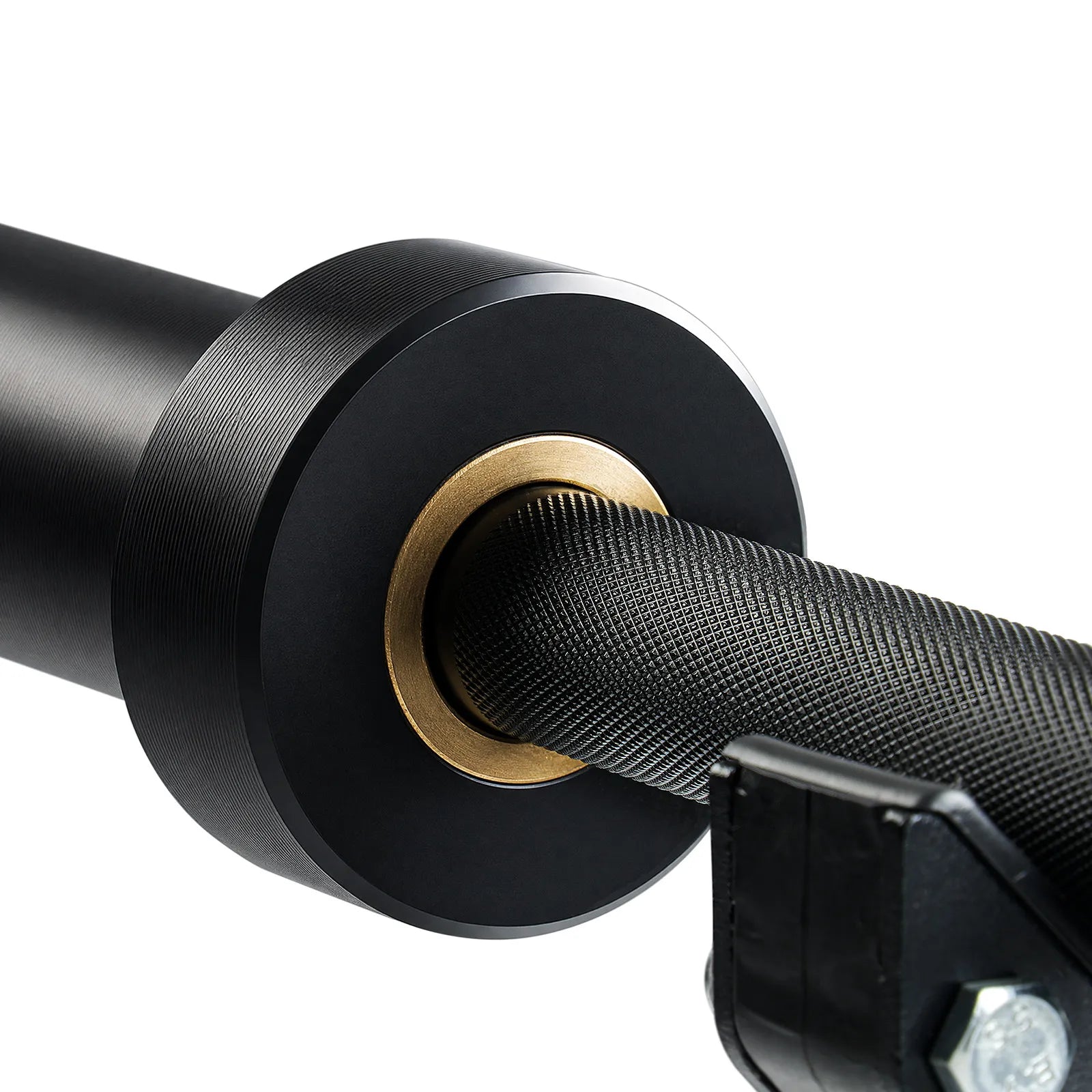 Black RitFit Olympic barbell close-up showing knurled shaft and brass bushing