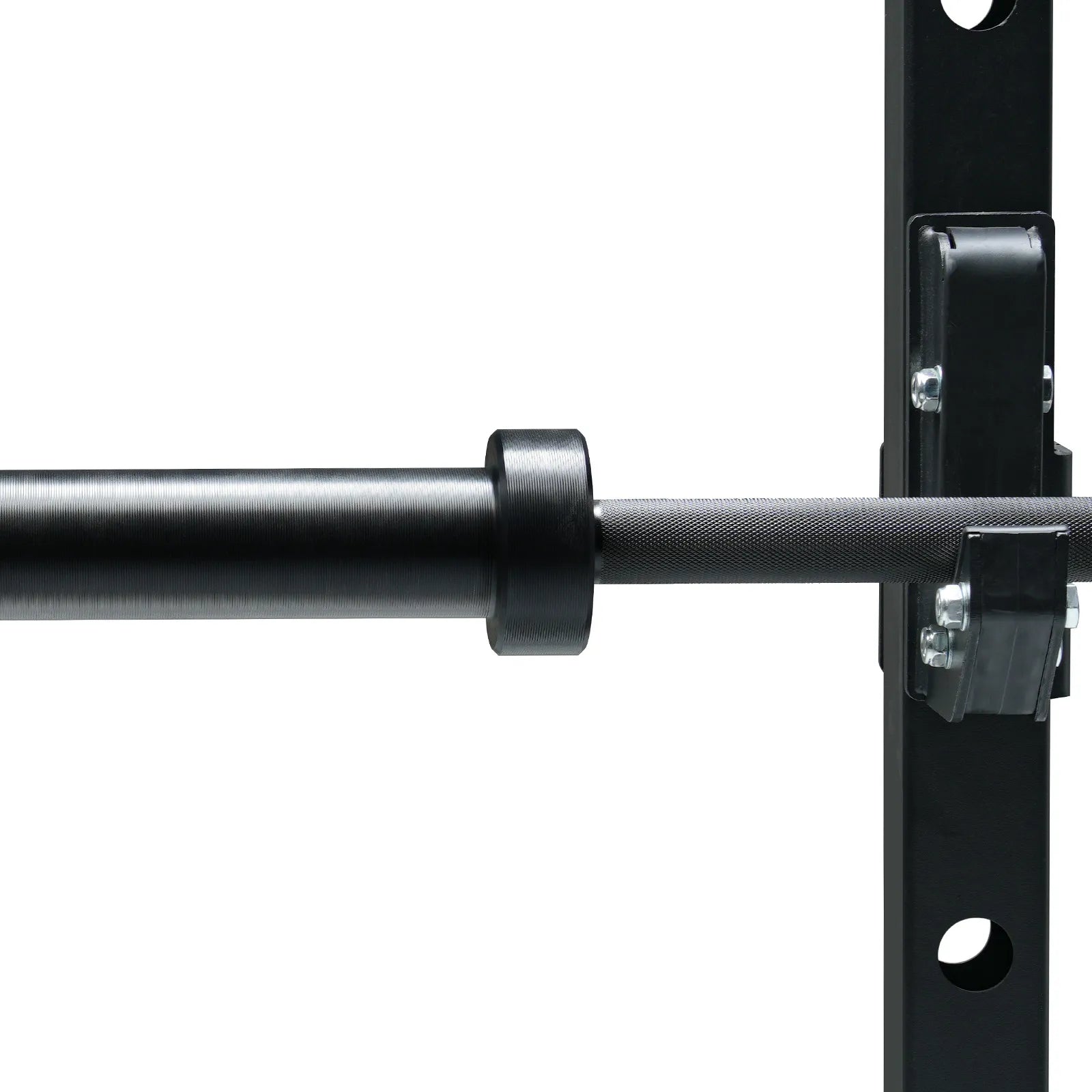 RitFit solid black Olympic barbell resting on a black rack mount