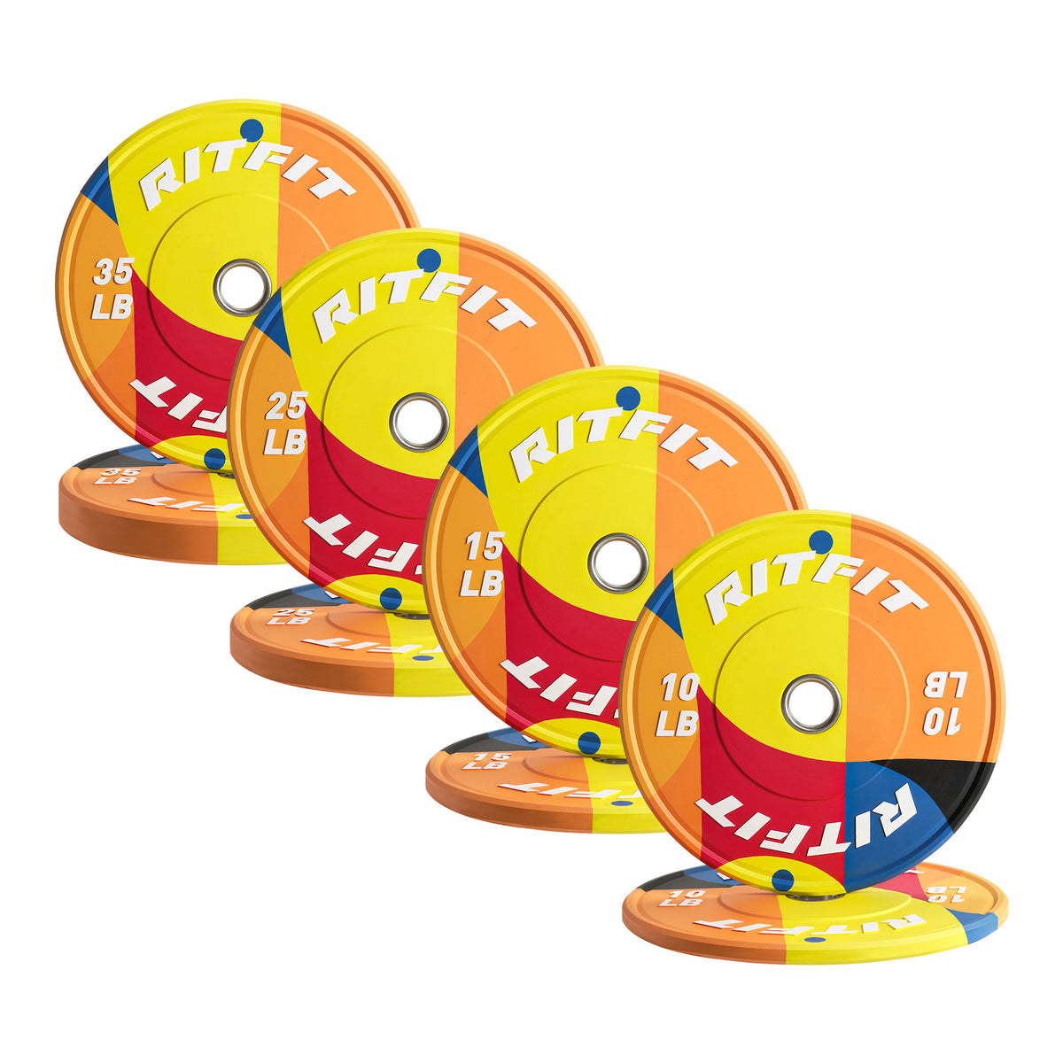 RitFit Memphis bumper weight plates for home gym, 170 pounds, durable rubber, black color, stacked on floor with gym equipment in background.
