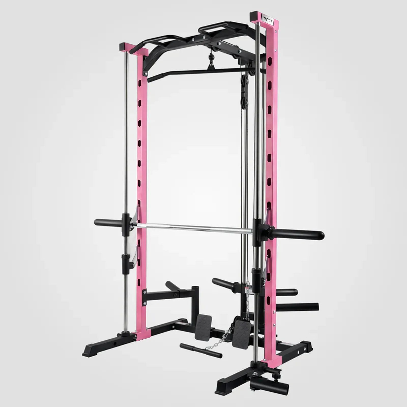 Pink and black RitFit PSR05 2.0 Smith machine with lat-pull down and barbell