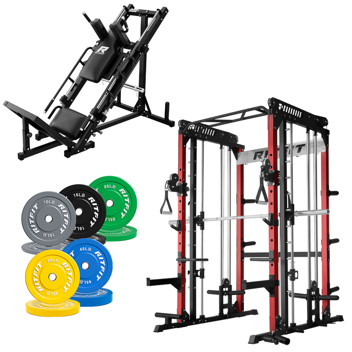 RitFit Pro Strength System with red power rack, hack squat machine and colorful bumper plates