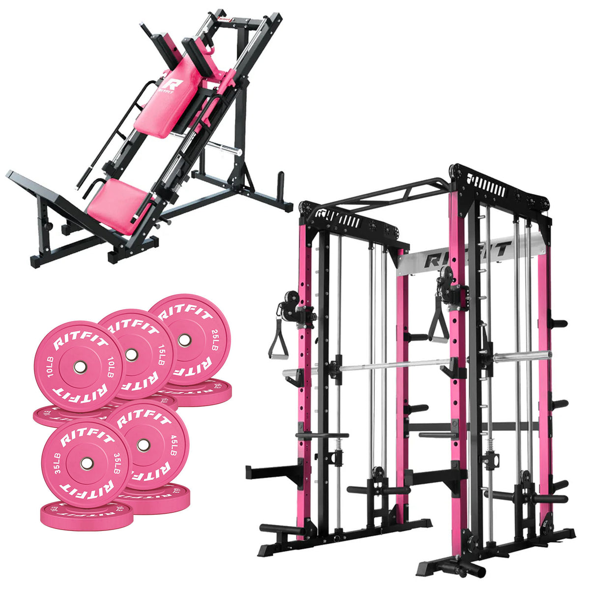 RitFit Pro Strength System package with pink and black power rack, hack squat machine, and weight plates
