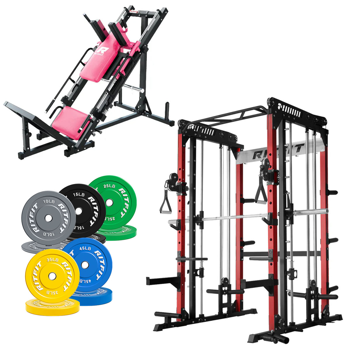 RitFit Pro Strength System with pink leg press, red power rack and colorful weight plates