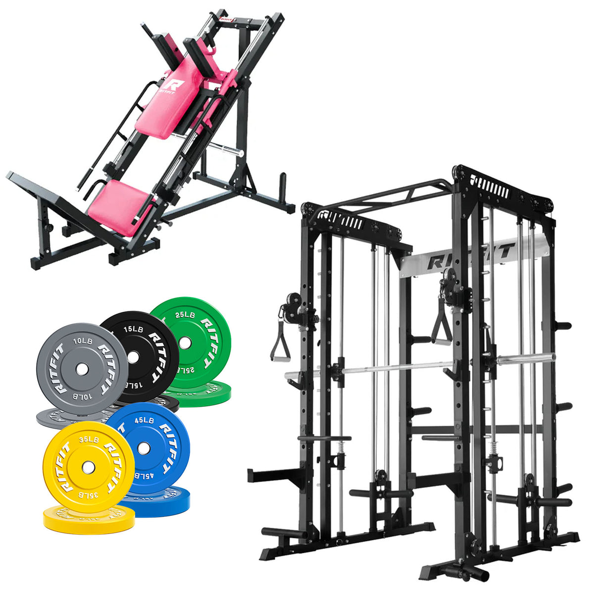 RitFit Pro Strength System package with pink leg press, black power rack and colorful weight plates