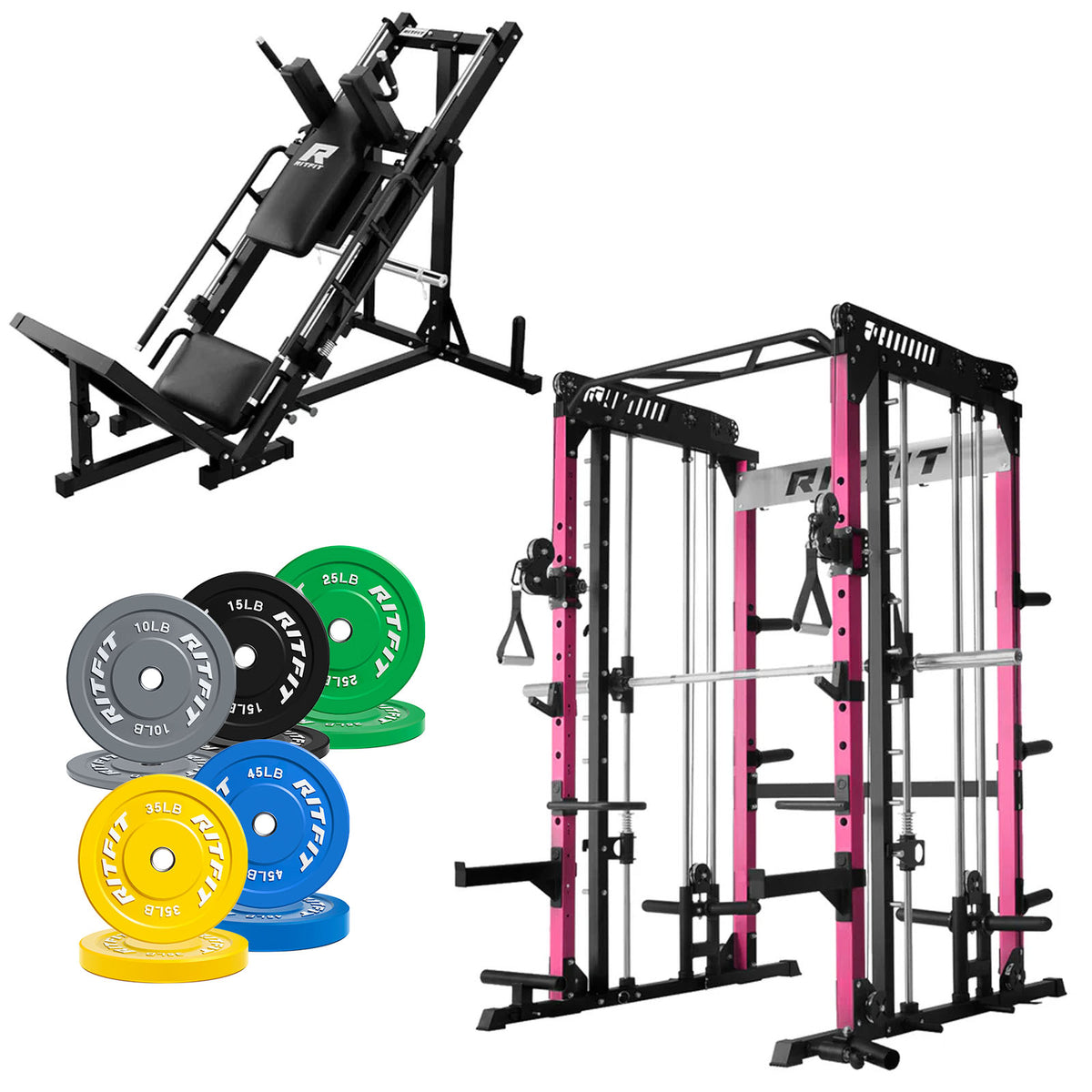 RitFit Pro Strength System with pink power rack, hack squat machine and colorful weight plates