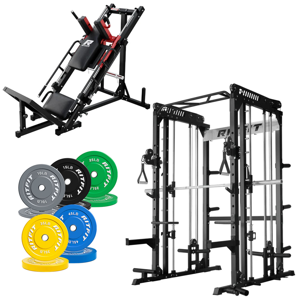 RitFit Pro Strength System package with black power rack, hack squat machine and colorful weight plates