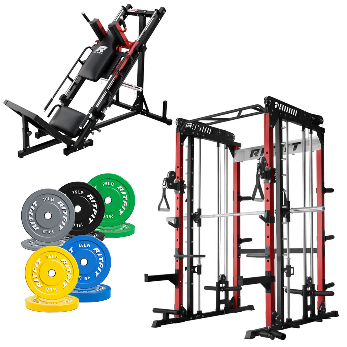 RitFit Pro Strength System with red and black power rack, leg press machine, and colorful weight plates