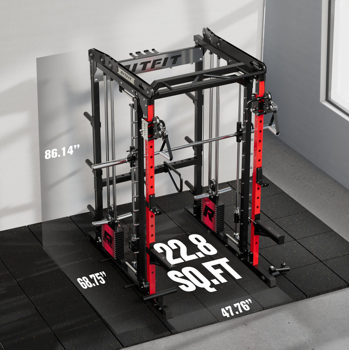 Black and red RitFit M2 Smith Machine rack with dimension overlays on gym floor mats