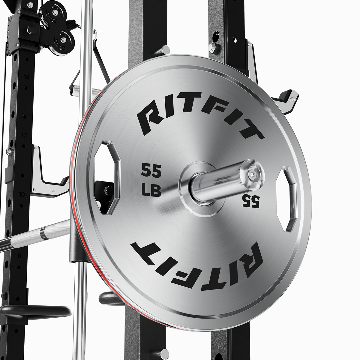 RitFit chrome steel bumper plate on barbell in power rack
