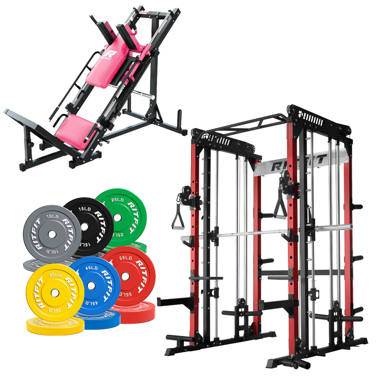 RitFit Pro Strength System with pink leg press, red power rack and colorful bumper plates