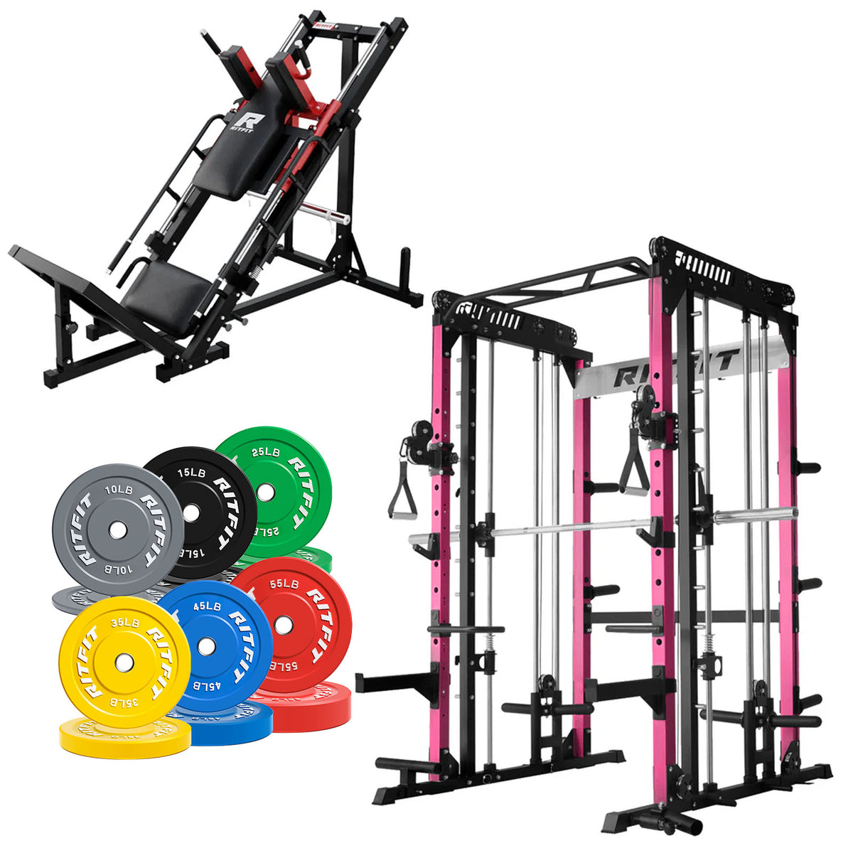 RitFit Pro Strength System with pink power rack, hack squat machine and colorful bumper plates