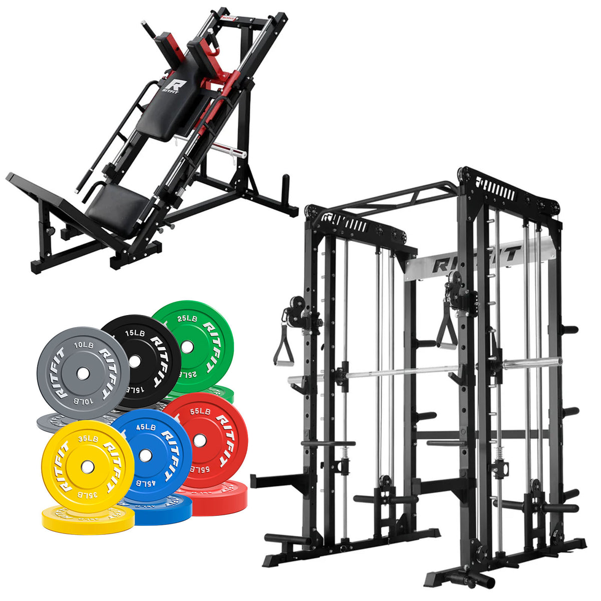 RitFit Pro Strength System with Smith machine, leg press, and colorful bumper plates