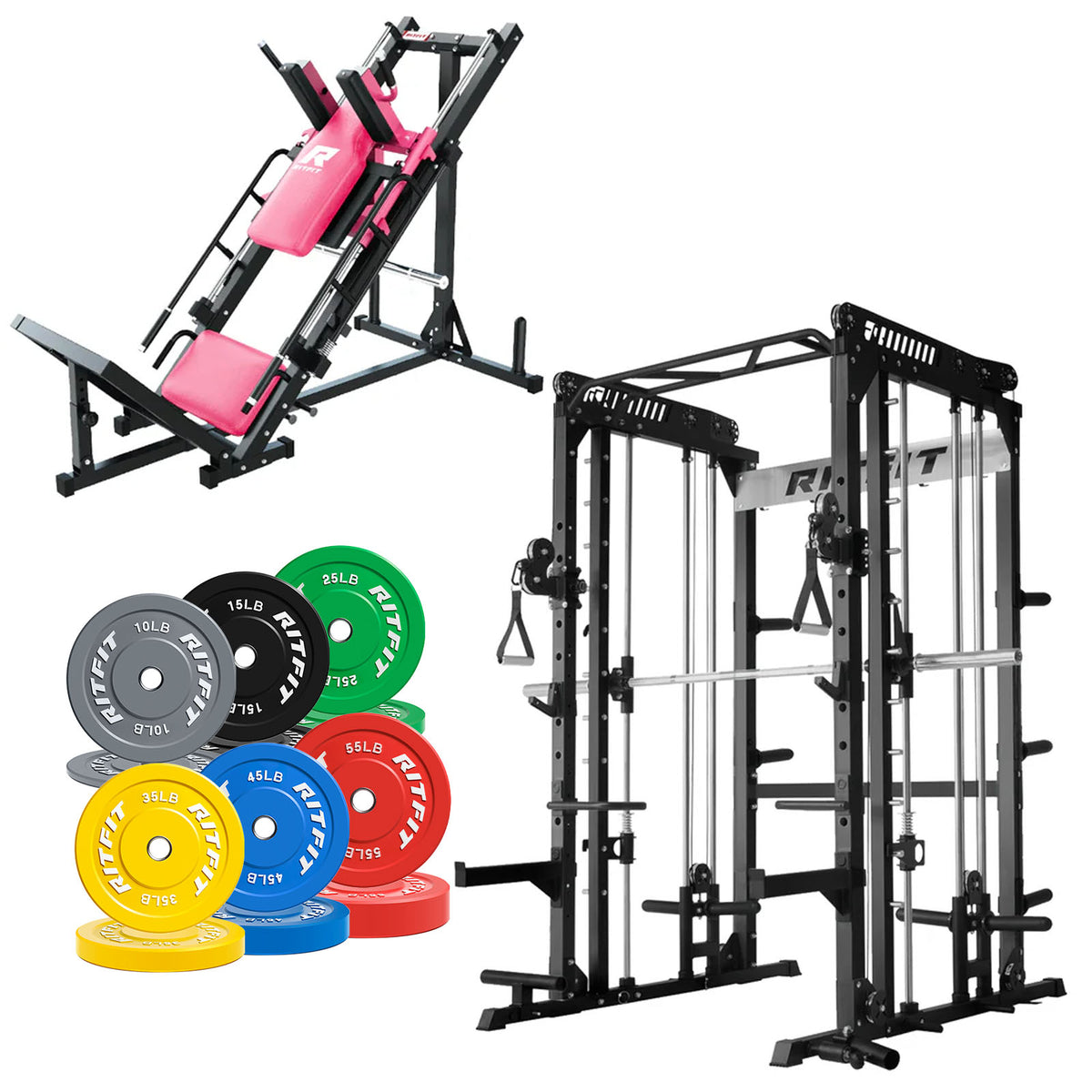 RitFit Pro Strength System package with pink leg press, black power rack and colorful bumper plates