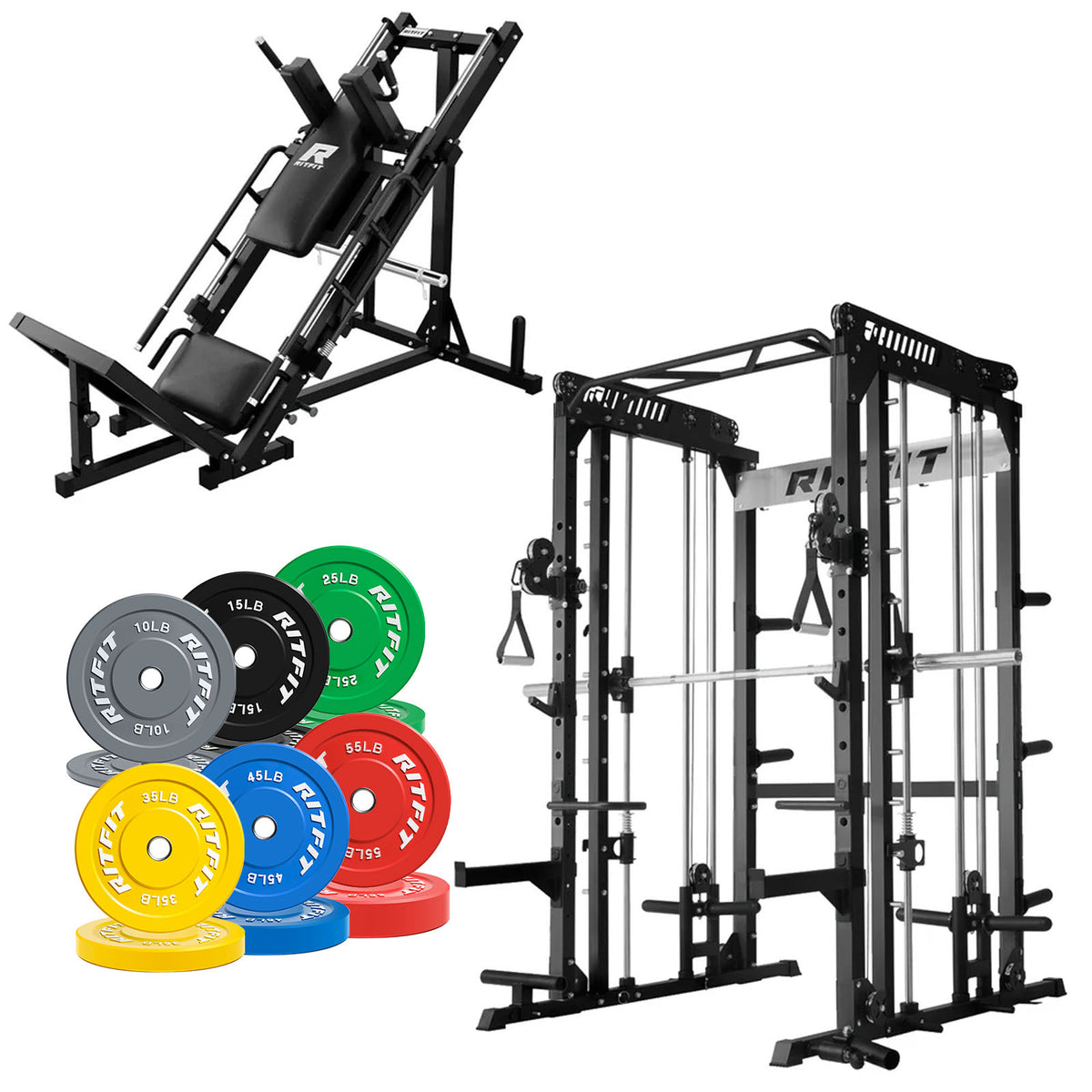 RitFit Pro Strength System with smith machine, hack squat rack and colorful bumper plates