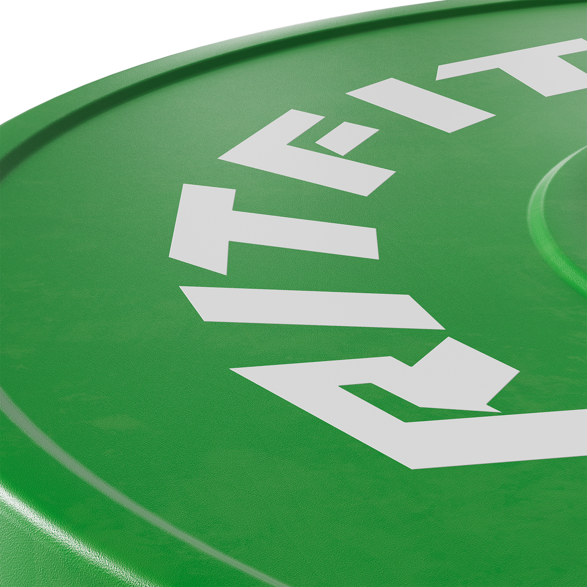 Close-up of green RitFit weight plate with bold white logo text