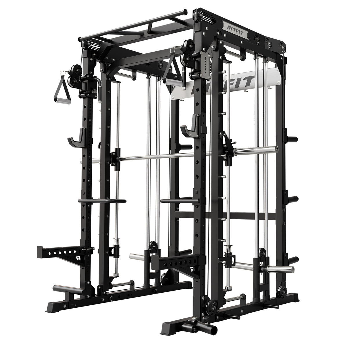 Black RitFit M2 Multi-Functional Modular Home Gym Smith Machine with cable pulleys and barbell