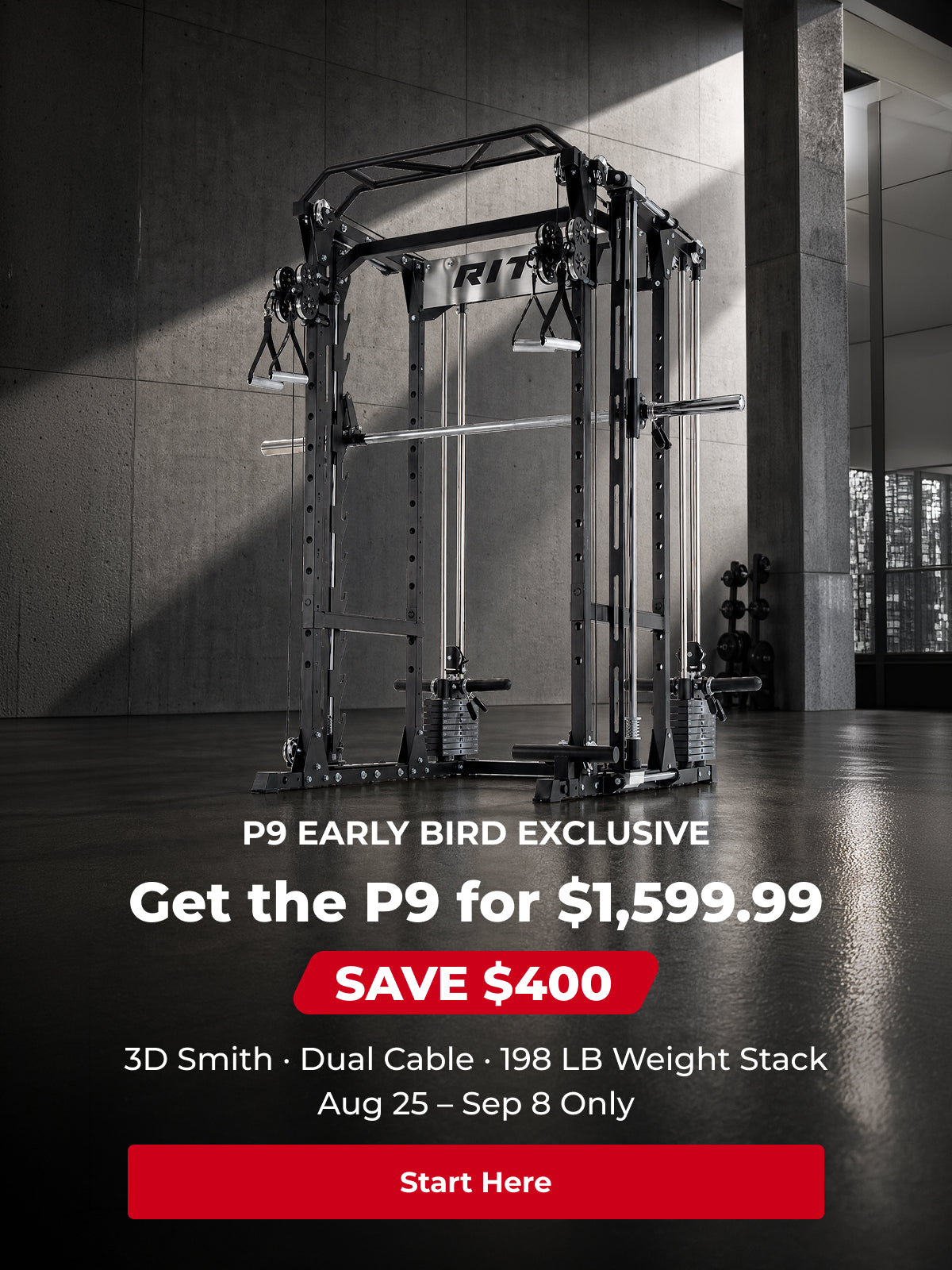 Black P9 3D Smith machine with dual cable system and weight stack in industrial gym setting