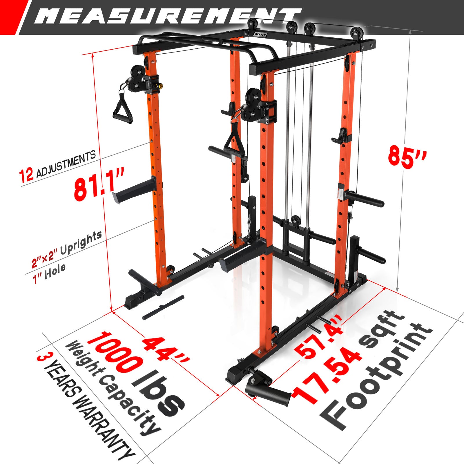 RitFit PPC03 Power Cage Home Gym Package with Adjustable Cable System