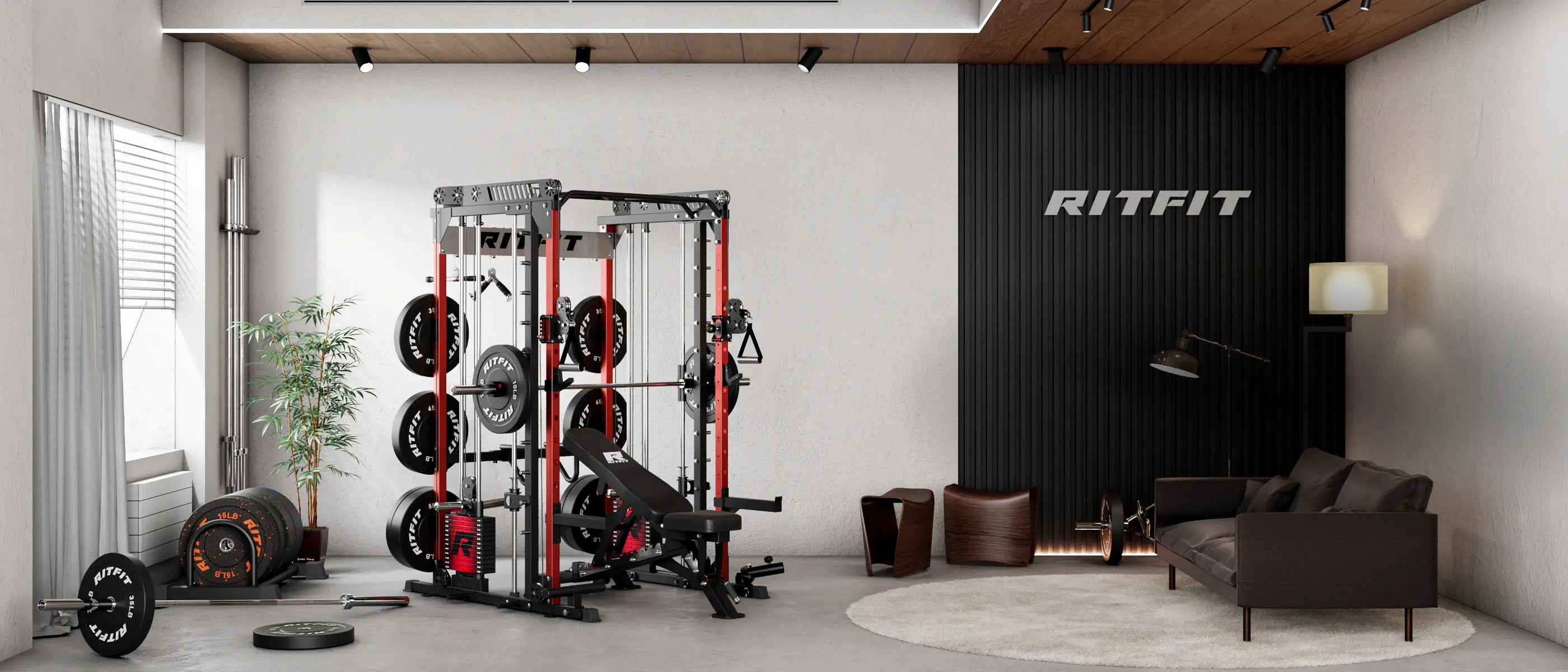 Gym interior with fitness equipment and 'RITFIT' branding on a black wall.