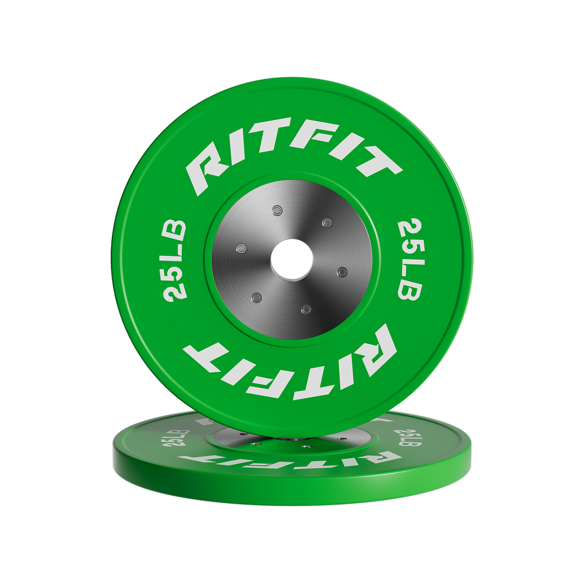 Green RitFit competition bumper plates with silver steel hub and white 25LB text
