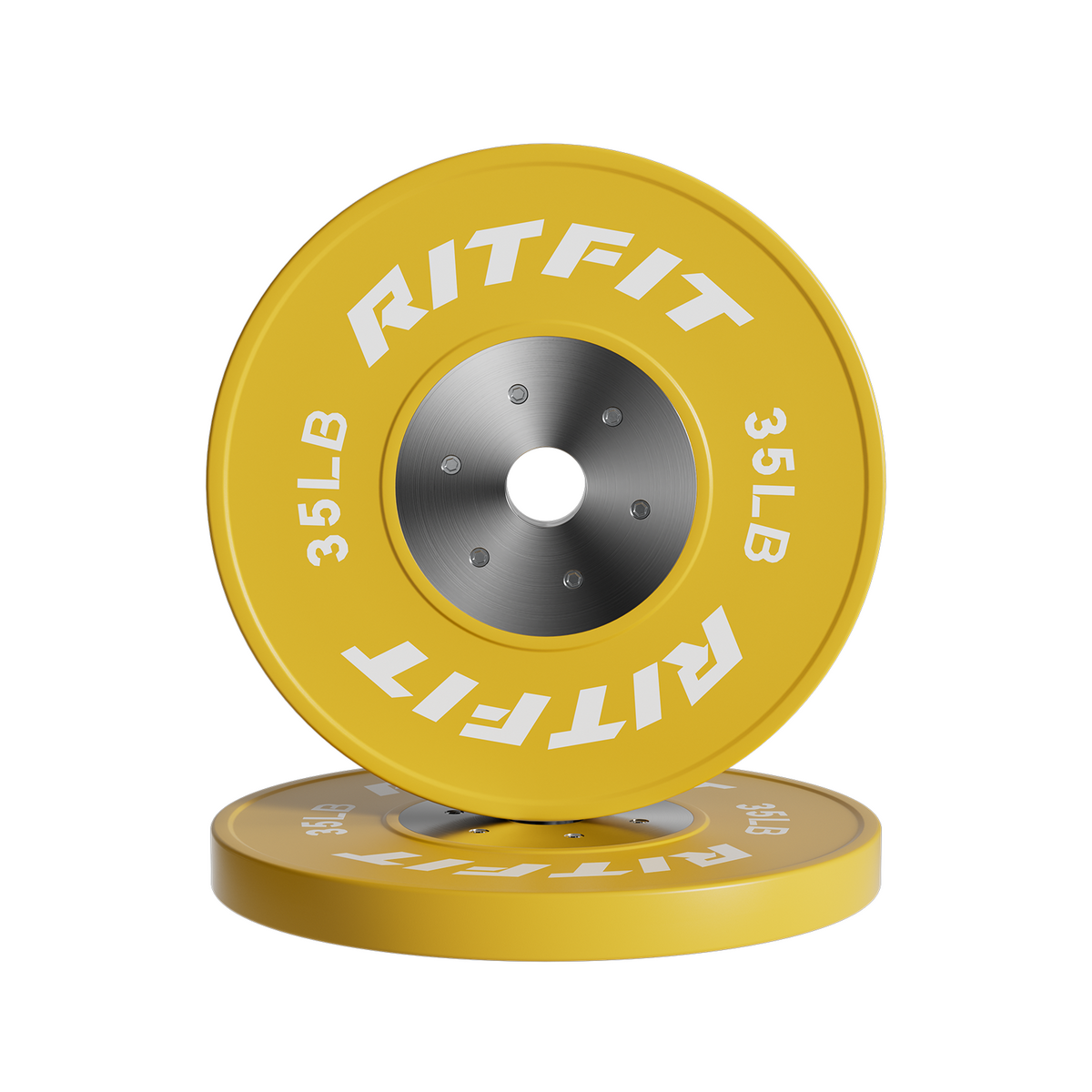Yellow RitFit Competition Bumper Plates 35LB with silver steel hub