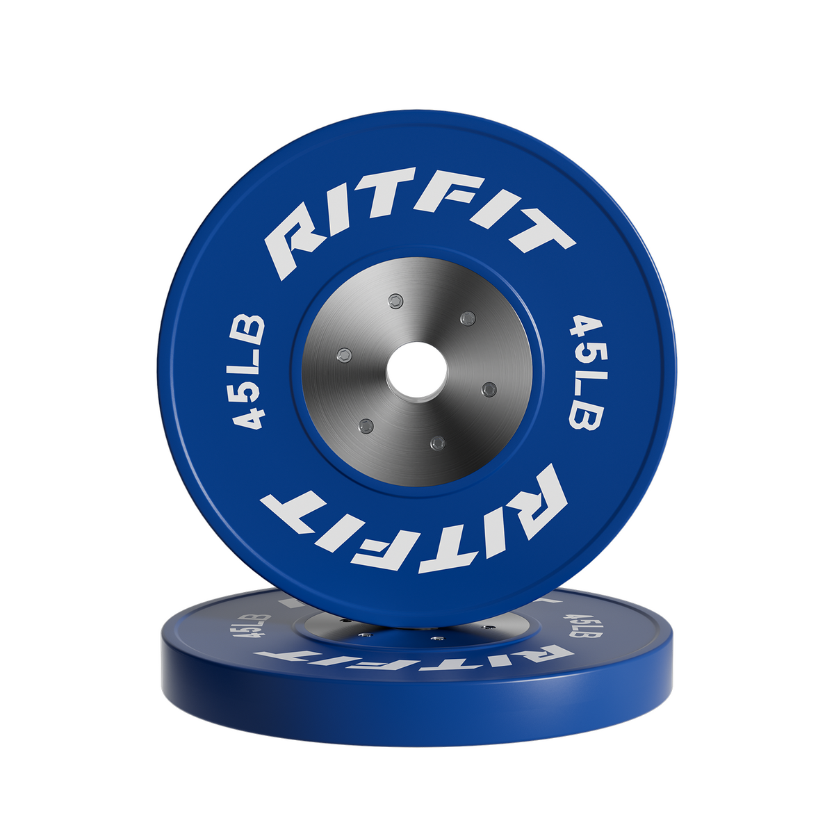 Blue RitFit Competition Bumper Plates with silver steel insert and 45LB white text