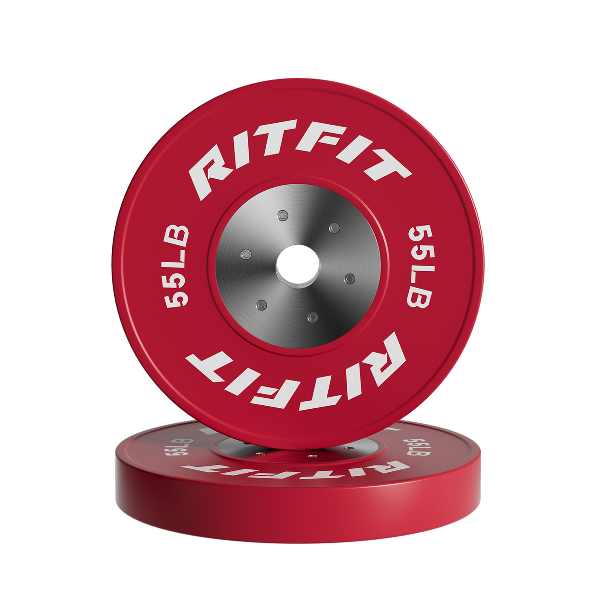 Red RitFit Competition Bumper Plates with silver center hub showing 55LB weight marking