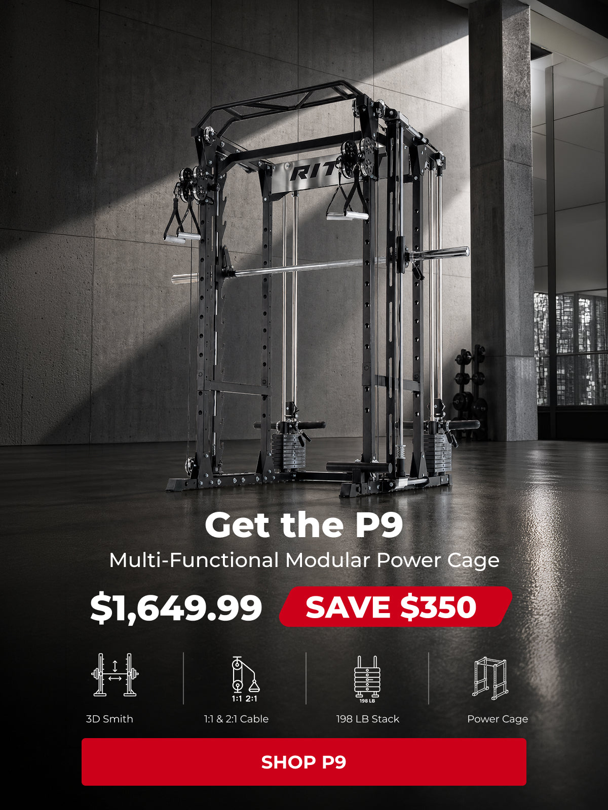 Black P9 multi-functional modular power cage with Smith machine and cable system in industrial gym setting