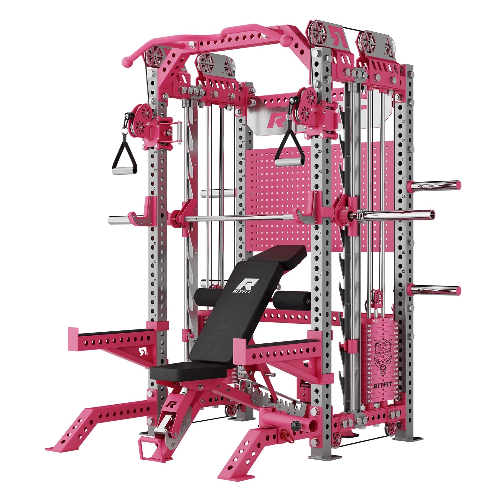 Pink RitFit M3 Pro Home Gym Smith Machine Package with Cable Crossover and black adjustable bench